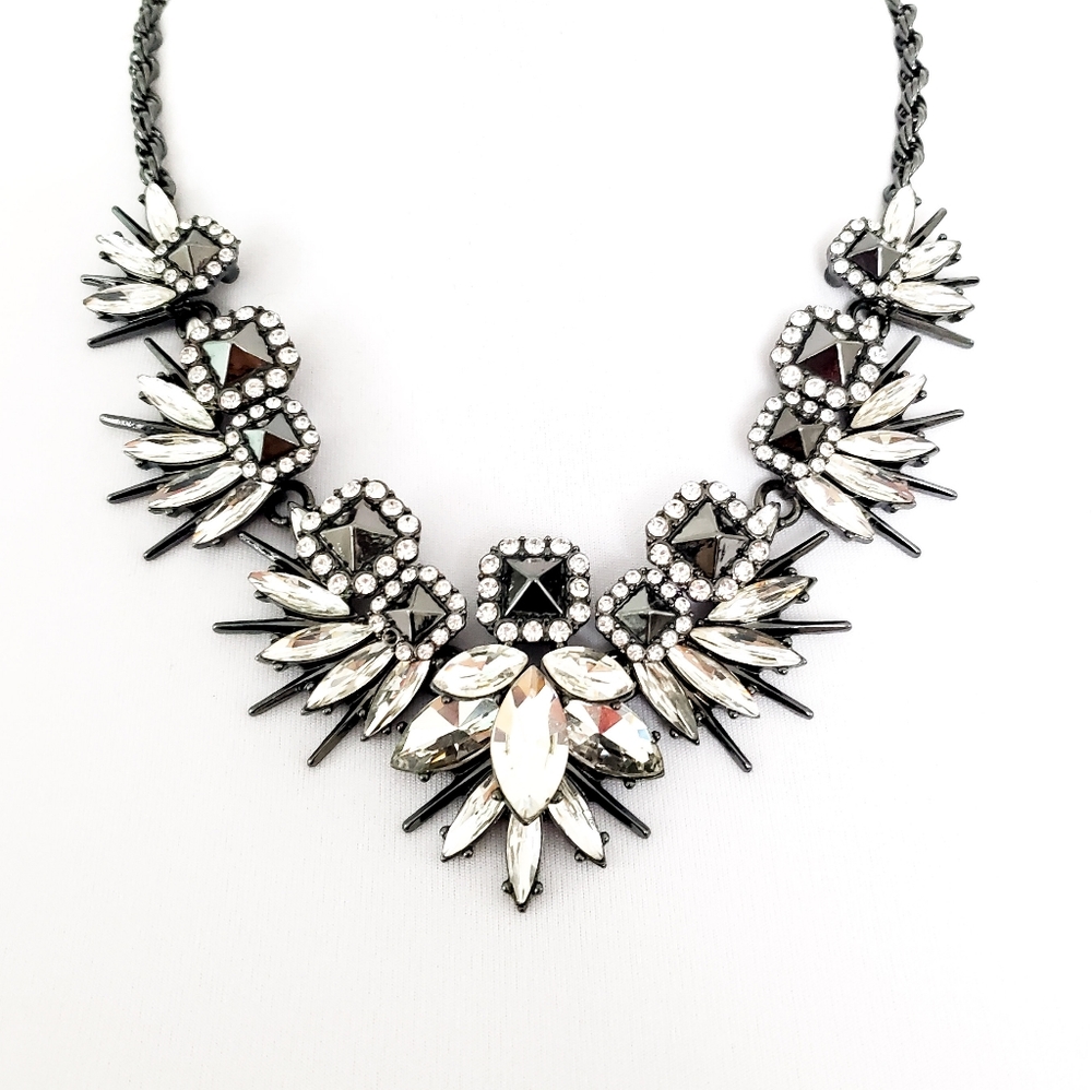 Crystal Statement Bib Necklace in Clear and Gunmetal